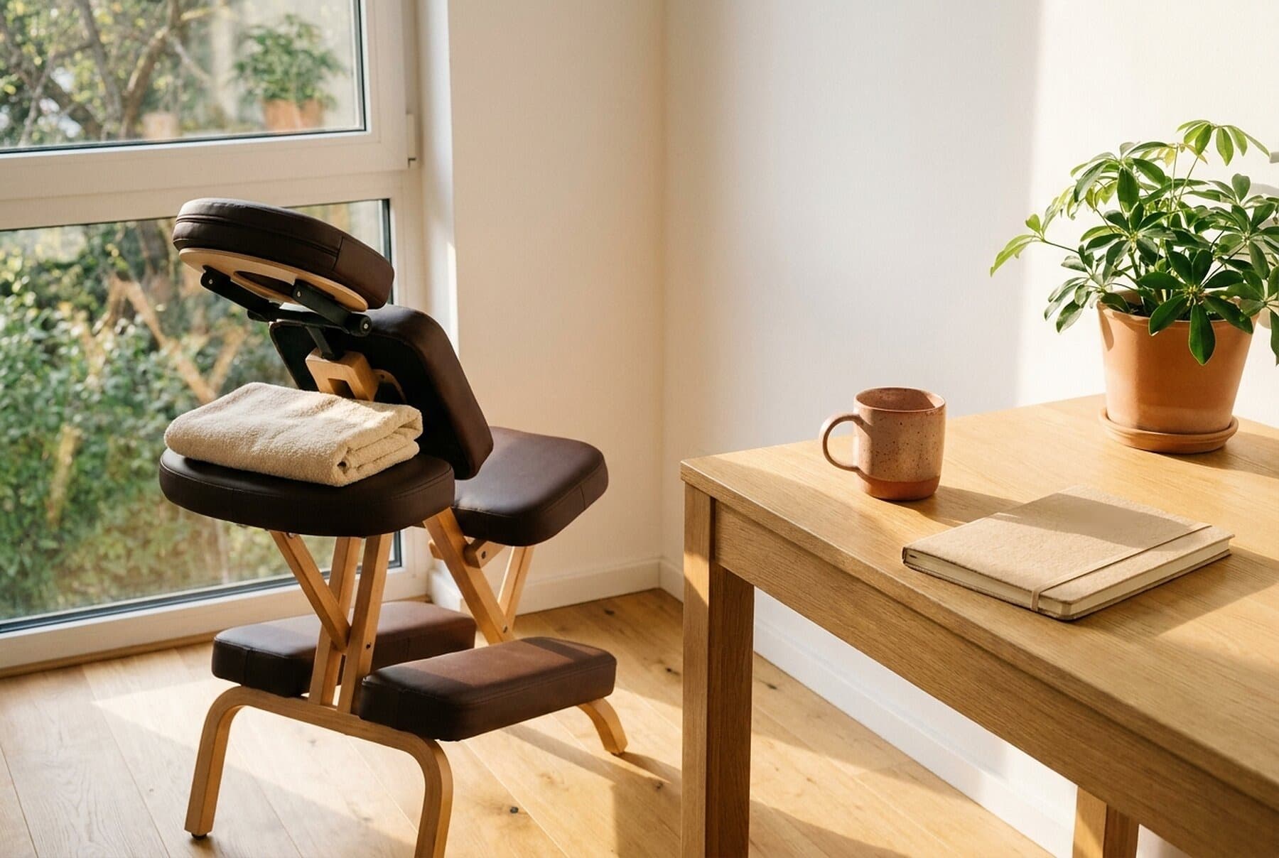 Massagestuhl mit gefaltetem Handtuch neben einem Holztisch mit Tasse und Notizbuch im Sonnenlicht