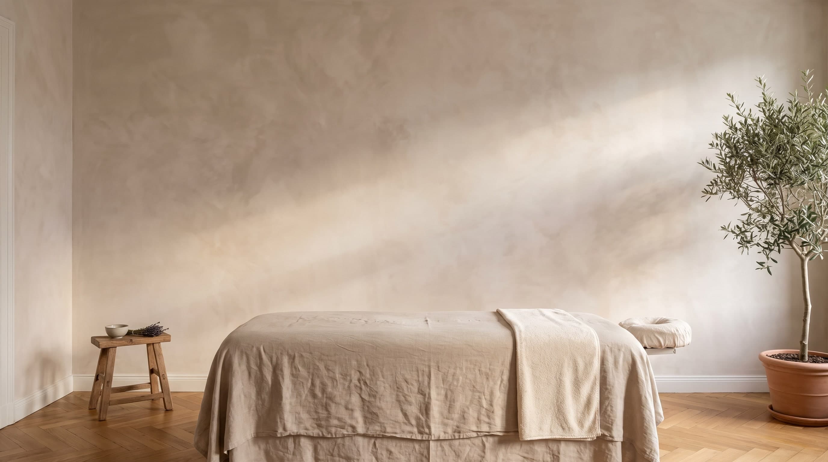 Ruhiger Altbauraum mit leerer, warm verputzter Wand im schrägen Fensterlicht, davor eine Massageliege mit Leinentuch, ein Holzhocker mit Schale und Lavendel und ein Olivenbaum